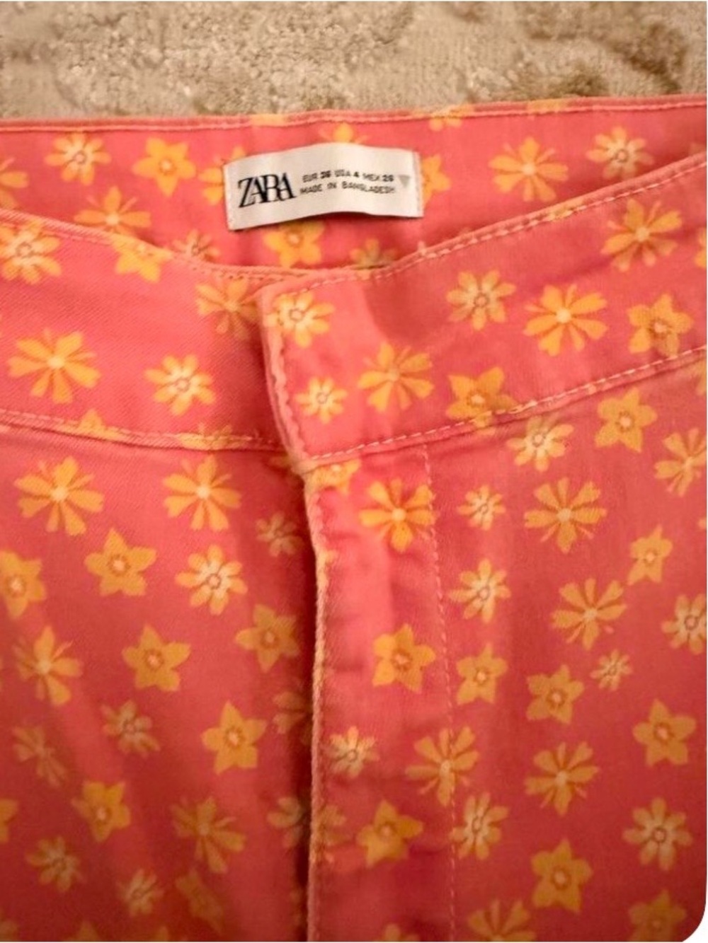 Zara Coral Pink Jeans with Yellow Floral Print